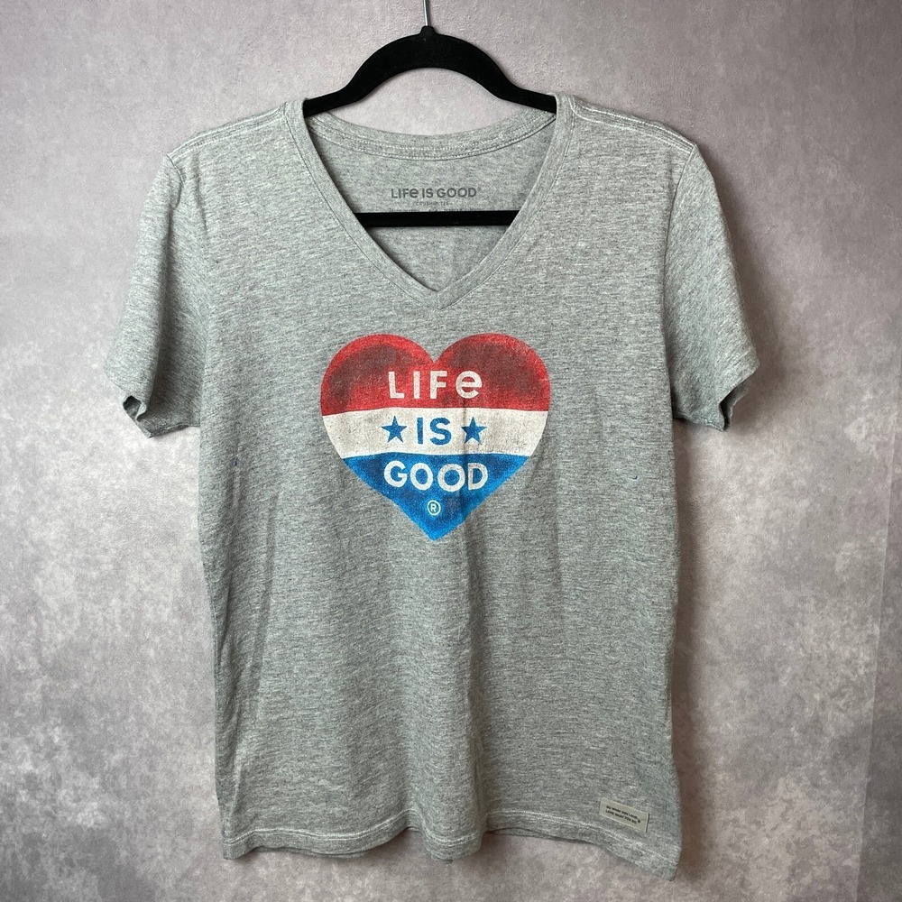 Life is Good Crusher Shirt‎ Women Medium Gray V Neck SS Heart Patriotic USA Flag